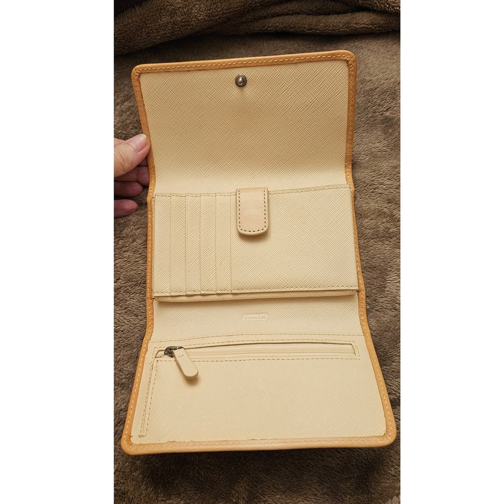 Coach Signature Canvas Trifold Wallet Crossbody Bag Khaki Brown Tan Leather - Picture 4 of 15